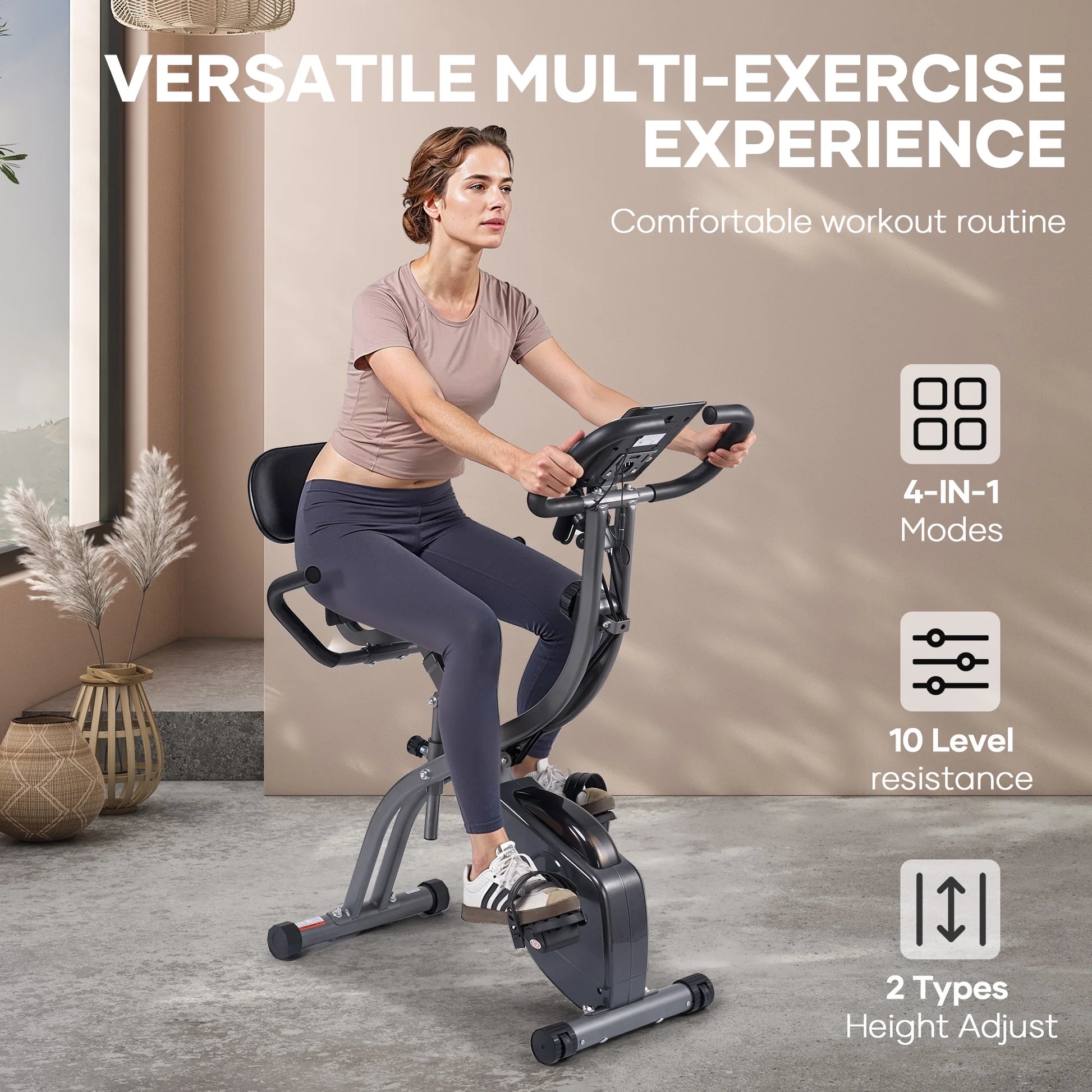 3-In-1 Exercise Bike Quiet Folding Magnetic Stationary Exercise Bikes with Arm Resistance Bands Home Workout Use