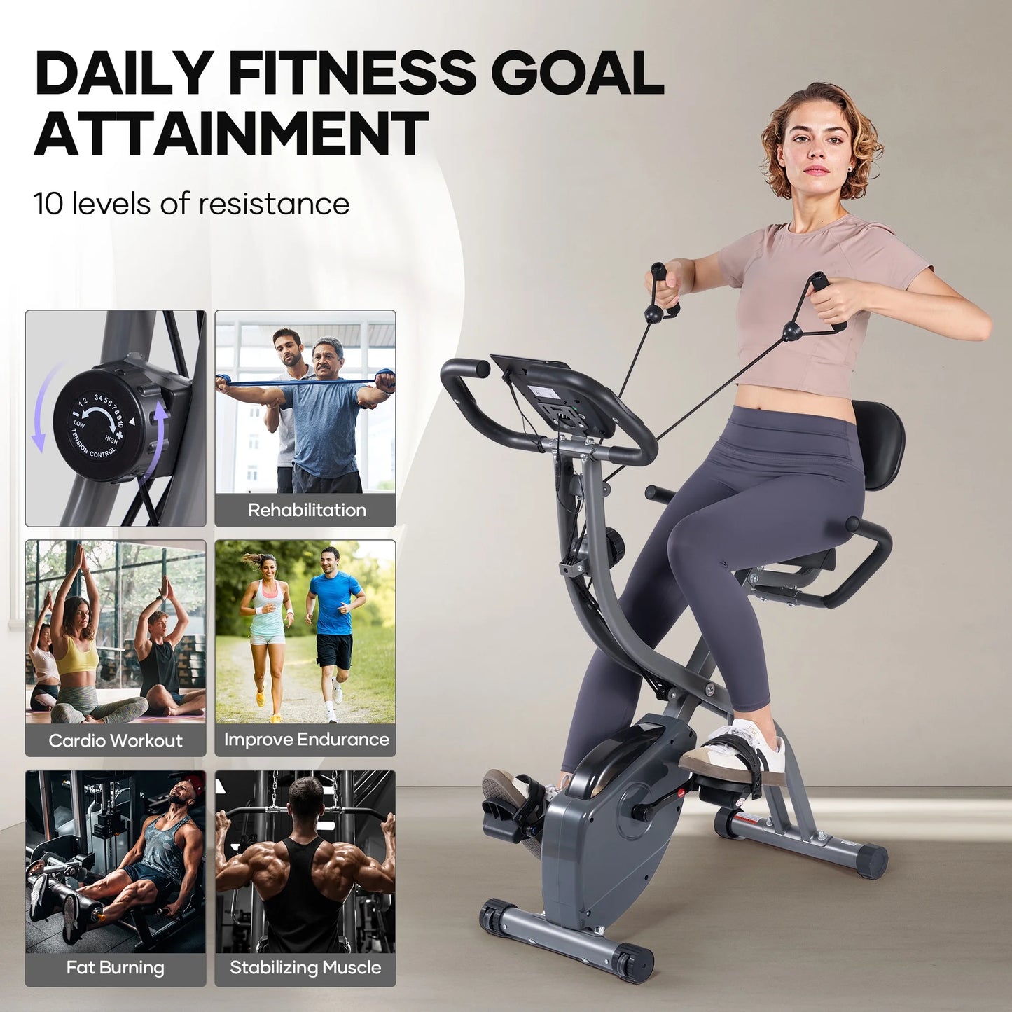 3-In-1 Exercise Bike Quiet Folding Magnetic Stationary Exercise Bikes with Arm Resistance Bands Home Workout Use