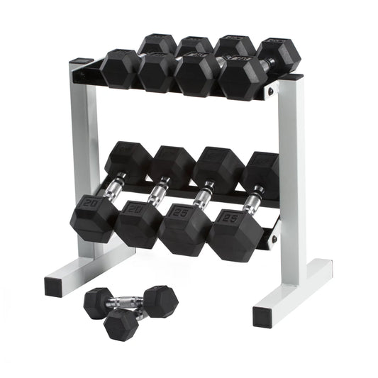 150 Lb. Coated Hex Dumbbell Weight Set, 5-25 Lb. with White Rack