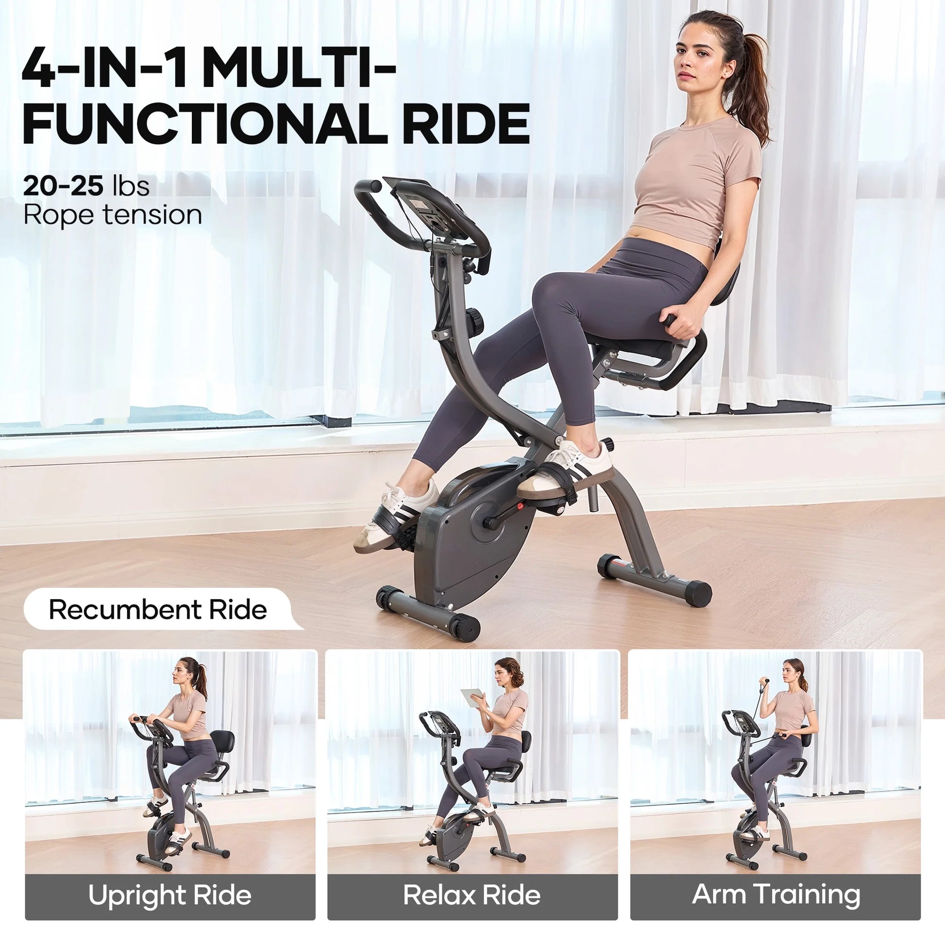 3-In-1 Exercise Bike Quiet Folding Magnetic Stationary Exercise Bikes with Arm Resistance Bands Home Workout Use